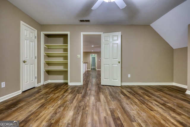 bonus room with lofted ceiling, wood-type flooring, and ceiling fan