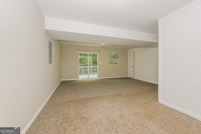 empty room with light colored carpet and electric panel