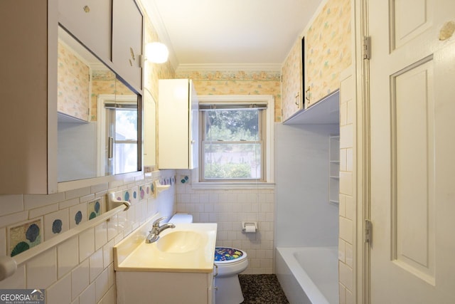 full bathroom featuring tile walls, a wealth of natural light, toilet, and vanity