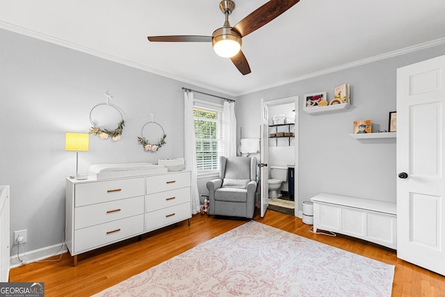 living area with crown molding, ceiling fan, and light wood-type flooring