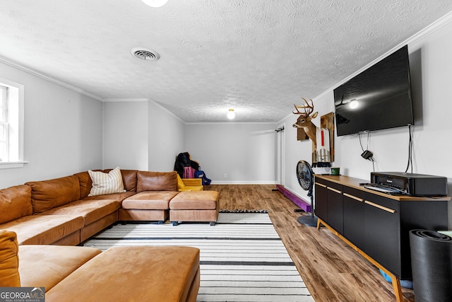 living room with crown molding, wood-type flooring, and a textured ceiling