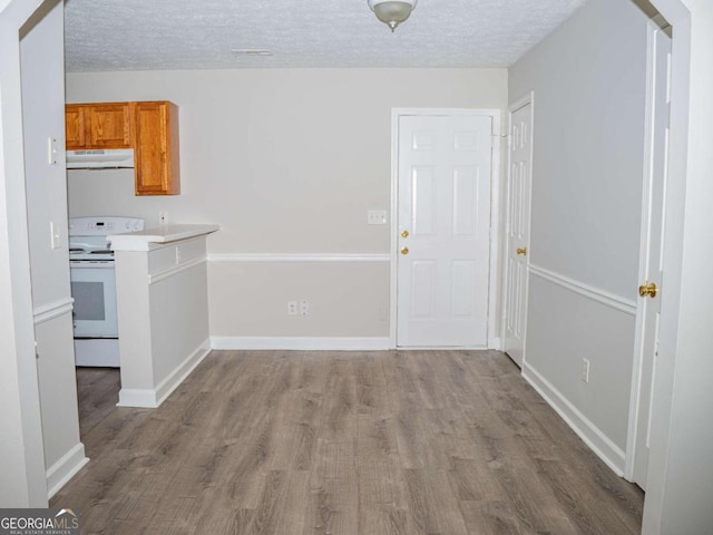 kitchen featuring wood-type flooring, electric range, extractor fan, and a textured ceiling