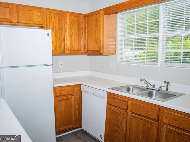 kitchen featuring sink, dark hardwood / wood-style floors, and white appliances