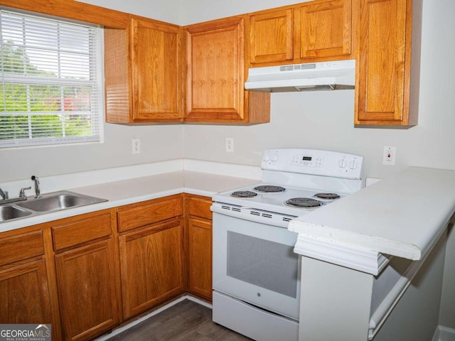 15 Marissa Cv, Riverdale, GA 30274 - kitchen featuring under cabinet range hood, white electric range, light countertops, and brown cabinets