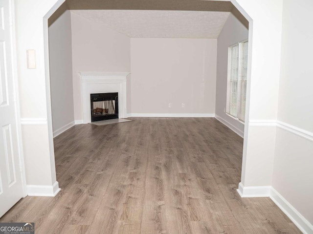 unfurnished living room with lofted ceiling, a textured ceiling, and wood-type flooring