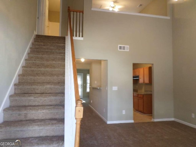 stairway with carpet floors and a towering ceiling