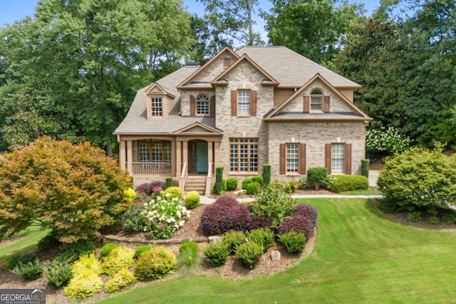 craftsman inspired home with a front lawn