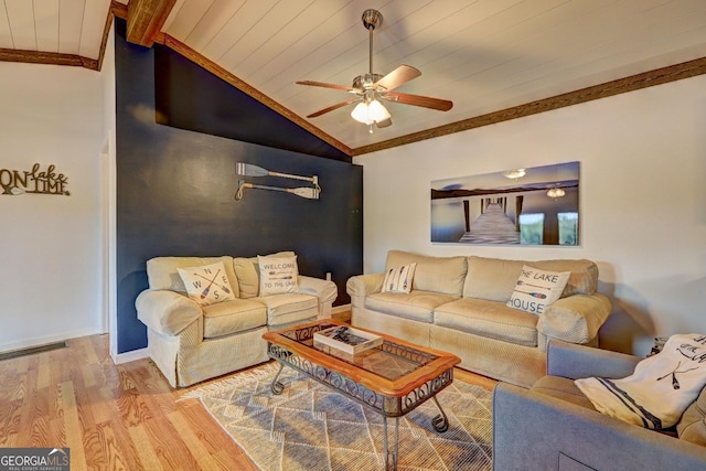 living room with wood finished floors, wood ceiling, baseboards, vaulted ceiling, and a ceiling fan