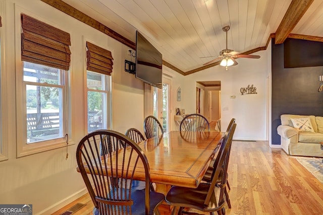 dining room featuring wood ceiling, visible vents, vaulted ceiling, light wood-style floors, and ornamental molding