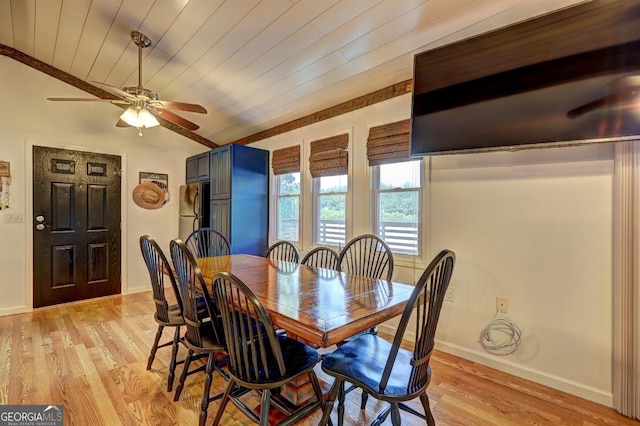 dining area with wooden ceiling, light wood-style floors, and baseboards