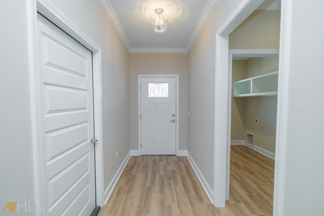 doorway featuring light hardwood / wood-style floors and ornamental molding