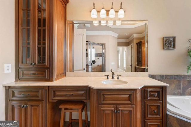 bathroom featuring crown molding, vanity, and independent shower and bath