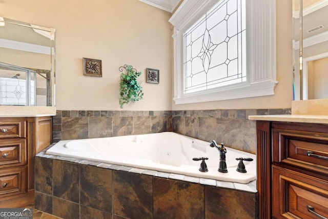 bathroom featuring ornamental molding, vanity, and separate shower and tub