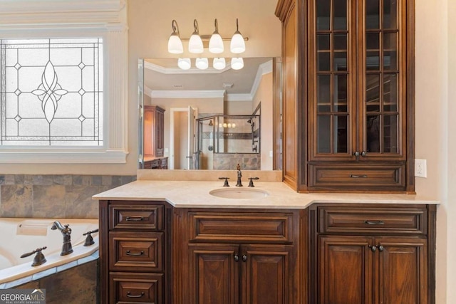 bathroom featuring vanity, crown molding, and plus walk in shower