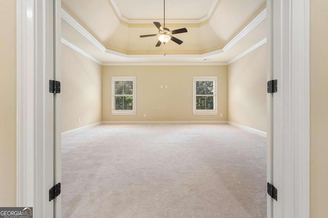 empty room with crown molding, a healthy amount of sunlight, and a tray ceiling