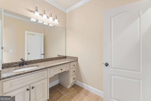 bathroom with crown molding, tile patterned floors, and vanity