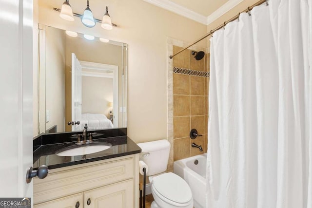 full bathroom with ornamental molding, vanity, shower / tub combo, and toilet