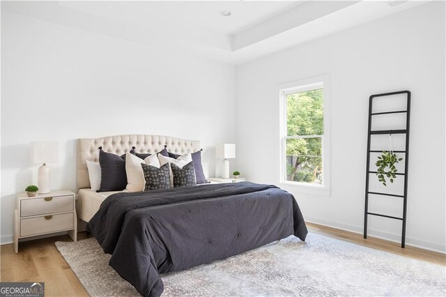 bedroom with light hardwood / wood-style flooring and a raised ceiling