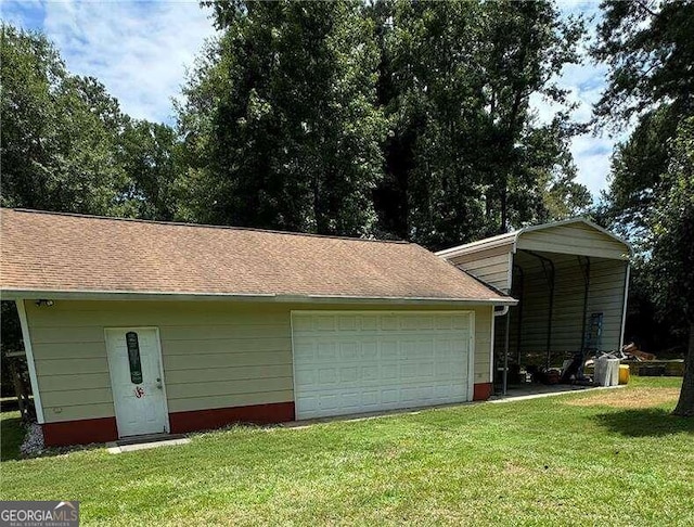 exterior space with a carport and a lawn