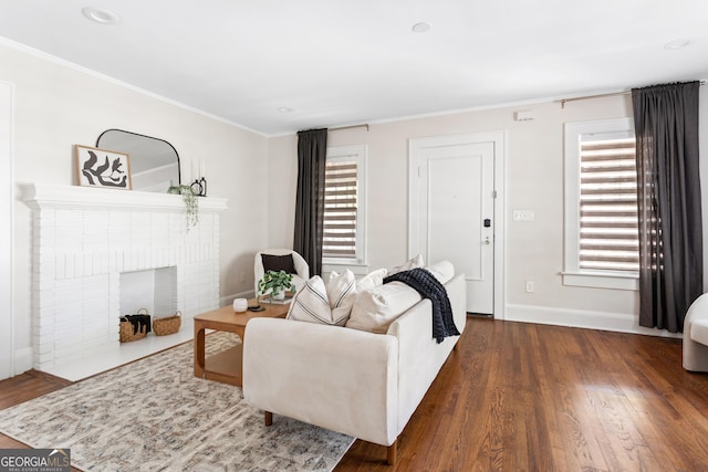 living room featuring dark wood-type flooring, a fireplace, and crown molding