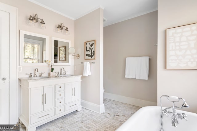 bathroom with vanity, ornamental molding, a tub to relax in, and tile patterned flooring