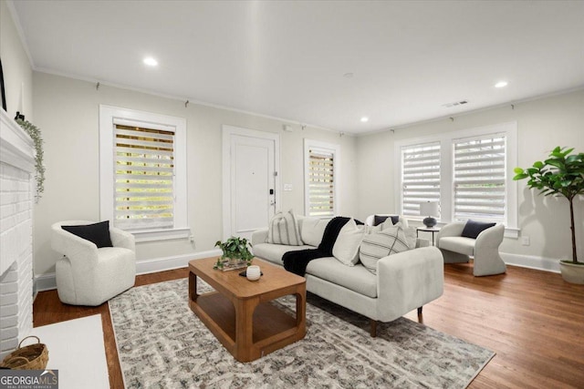 living room featuring ornamental molding, hardwood / wood-style floors, and a fireplace