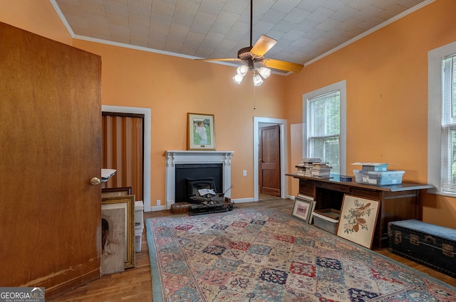 99 W Main St, Gibson, GA 30810 - office area featuring ornamental molding, a ceiling fan, and wood finished floors