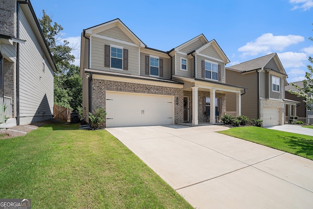 view of front of home with a front yard, cooling unit, and a garage