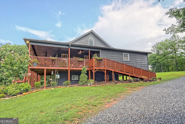 back of house with a wooden deck, ceiling fan, and a yard