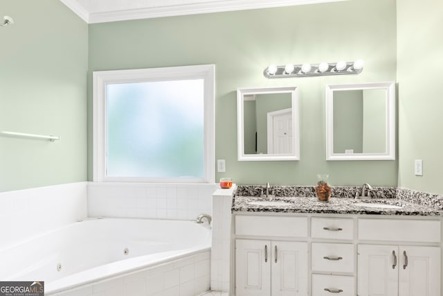 bathroom with crown molding and dual bowl vanity