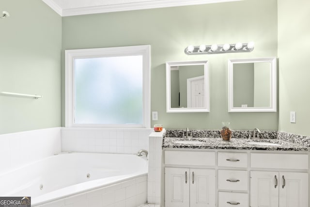 140 Wisteria Blvd, Covington, GA 30016 - bathroom with a sink, double vanity, ornamental molding, and a whirlpool tub