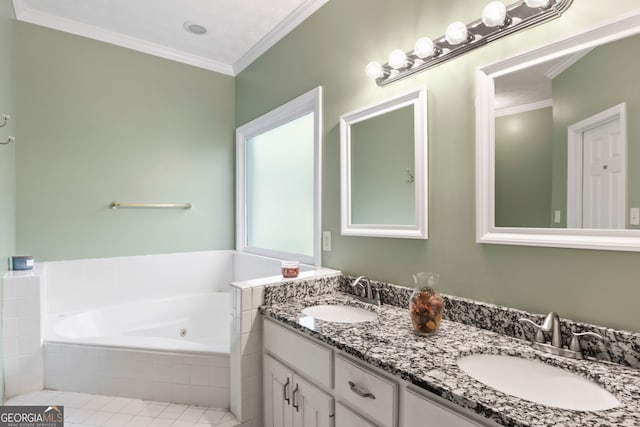 bathroom with a relaxing tiled tub, tile patterned floors, crown molding, and dual bowl vanity