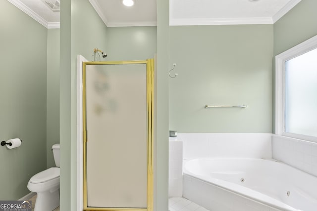 140 Wisteria Blvd, Covington, GA 30016 - full bathroom with visible vents, a whirlpool tub, ornamental molding, a shower stall, and toilet