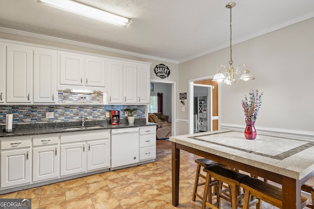 kitchen featuring light tile patterned flooring, white cabinetry, white dishwasher, sink, and ornamental molding