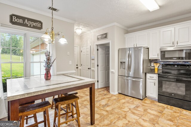 kitchen with light tile patterned floors, white cabinets, black / electric stove, stainless steel refrigerator with ice dispenser, and ornamental molding