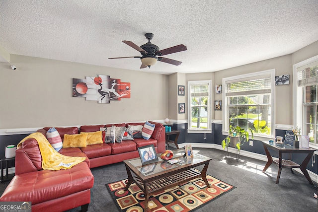 living room featuring carpet flooring and a textured ceiling