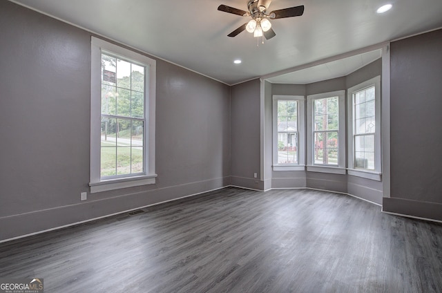 unfurnished room featuring wood-type flooring, ceiling fan, and a healthy amount of sunlight