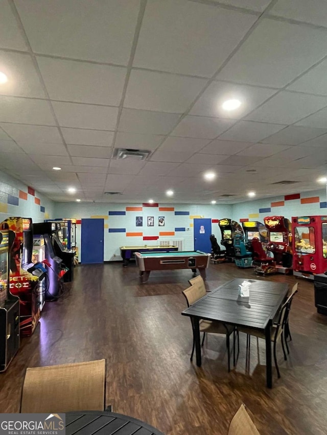 rec room with pool table, visible vents, a drop ceiling, and wood finished floors