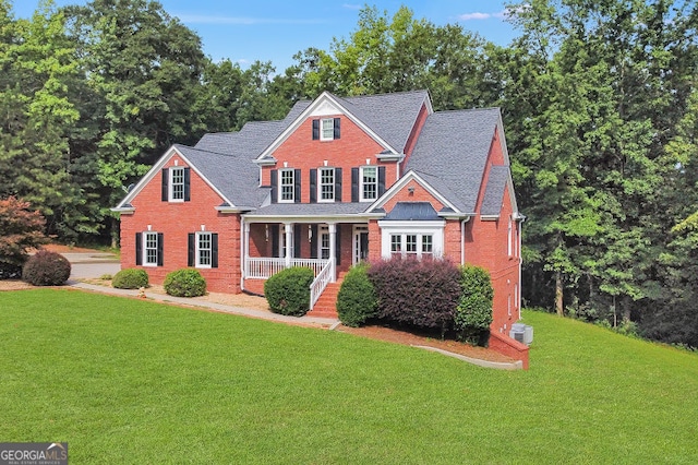 view of front of house featuring covered porch and a front lawn