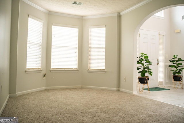 empty room with light carpet, crown molding, and a textured ceiling