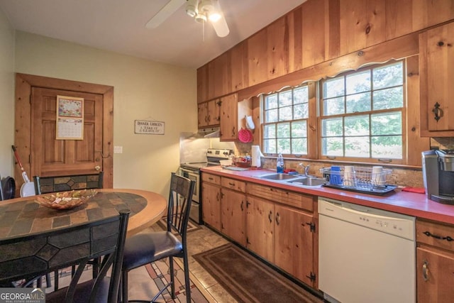 kitchen featuring tasteful backsplash, ceiling fan, sink, stainless steel range with electric stovetop, and dishwasher