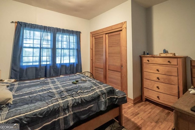 bedroom with wood-type flooring and a closet