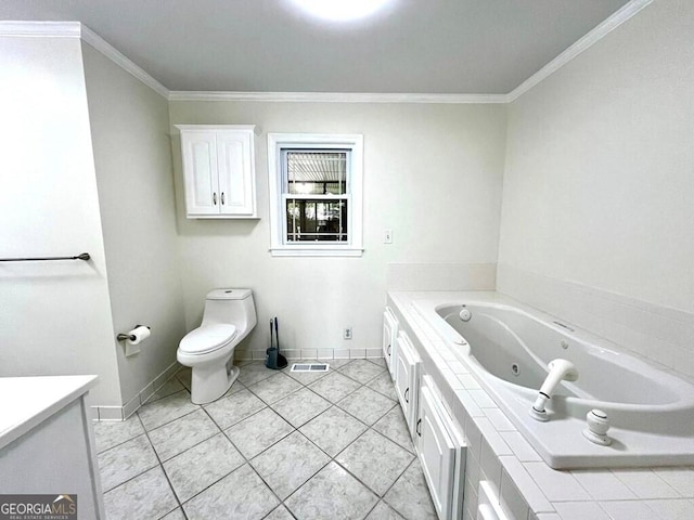 bathroom featuring tile patterned flooring, crown molding, tiled tub, and toilet