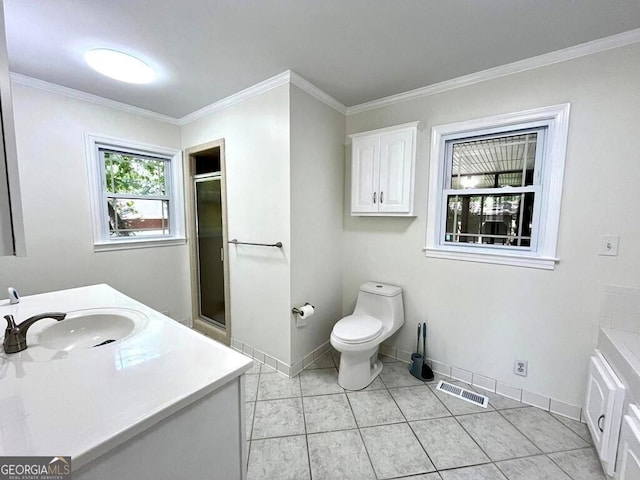 bathroom featuring vanity, crown molding, a shower with door, and toilet