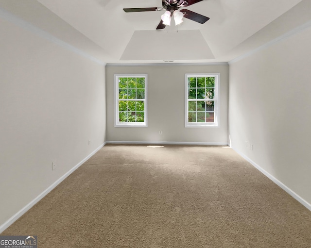 spare room featuring ceiling fan, a raised ceiling, and light carpet