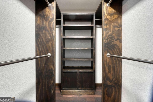 spacious closet featuring dark hardwood / wood-style flooring