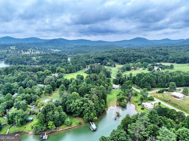 drone / aerial view featuring a water and mountain view