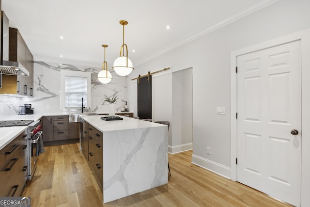 kitchen with stainless steel stove, light hardwood / wood-style floors, a barn door, crown molding, and a center island