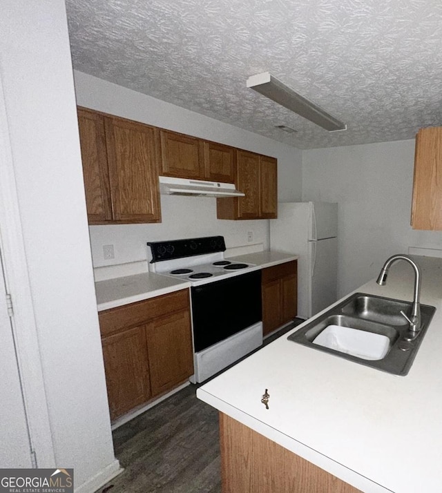 kitchen featuring white appliances, dark hardwood / wood-style floors, sink, and a textured ceiling