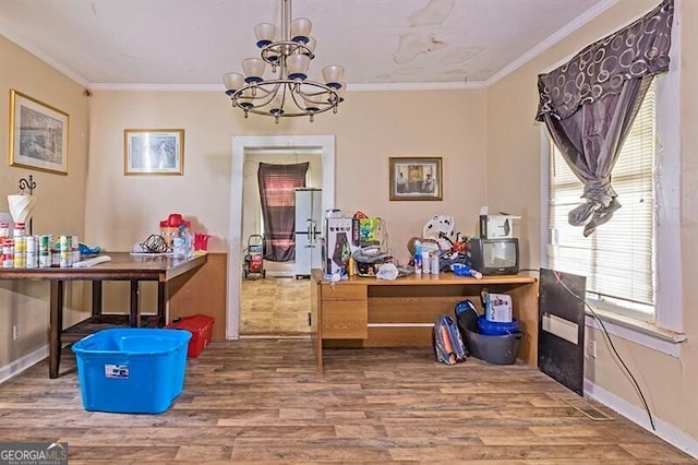 office space with ornamental molding, hardwood / wood-style flooring, and a chandelier